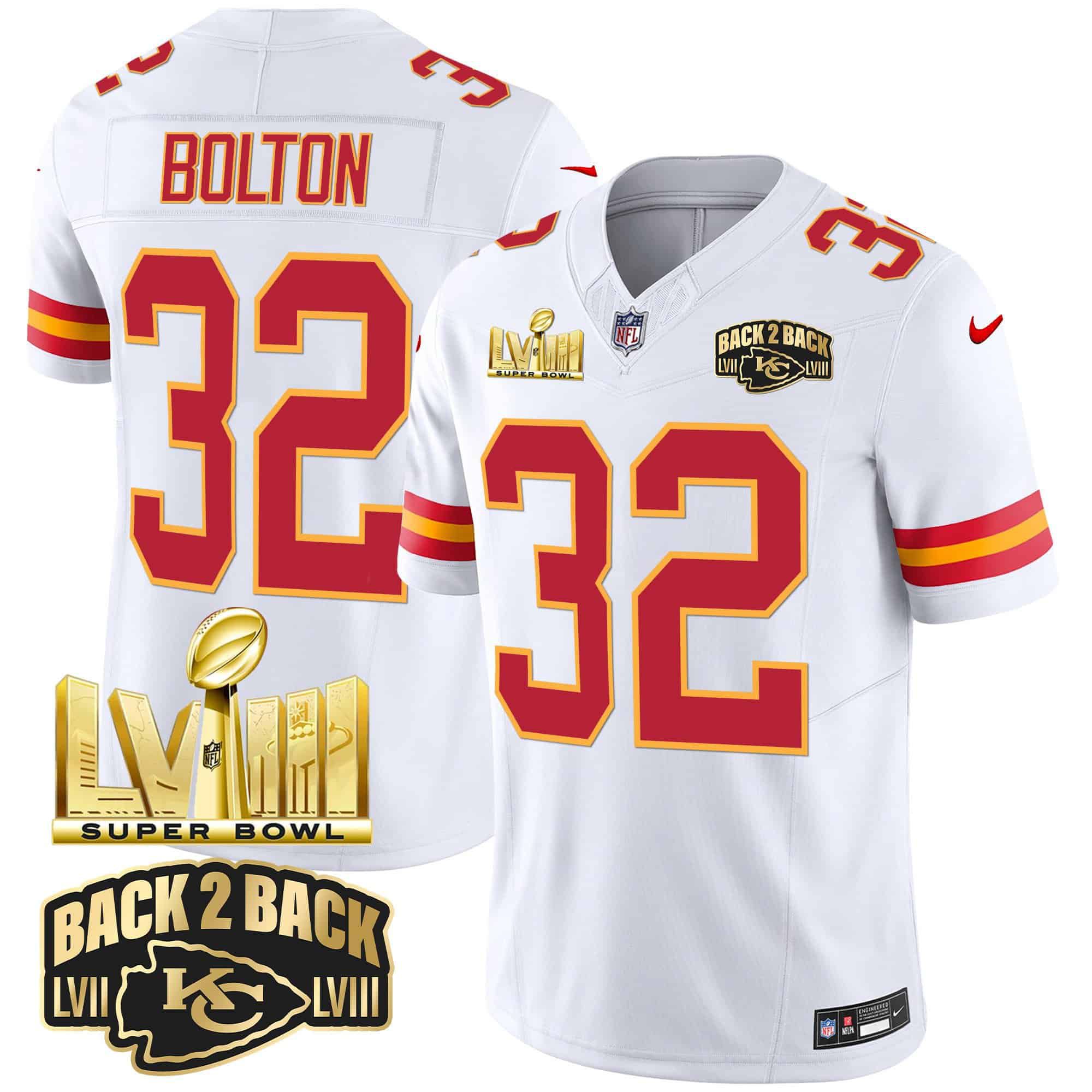 Men Kansas City Chiefs 32 Bolton White 2024 Nike Super Bowl LVIII & Back 2 Back Gold Patch Vapor NFL Jersey